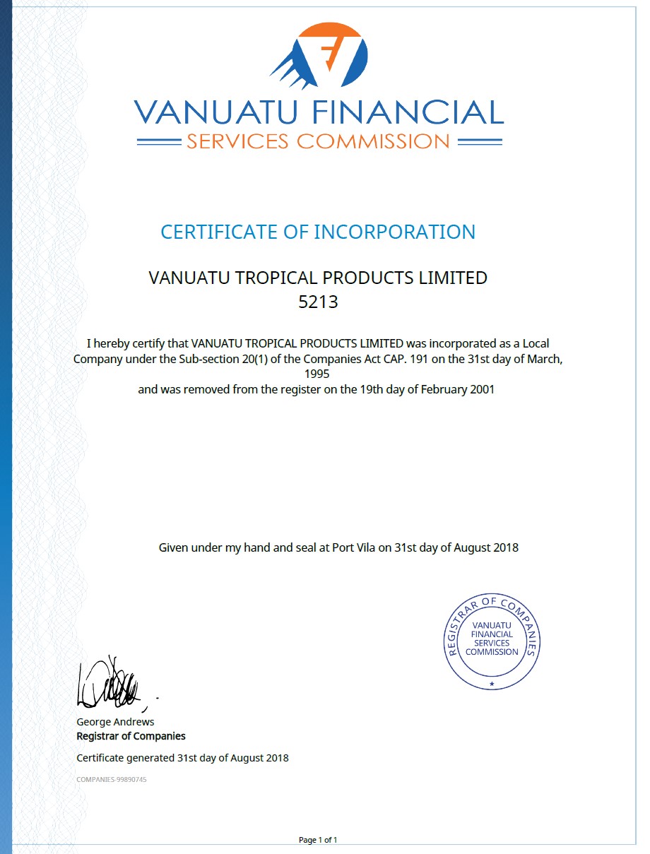 Certificate of Incorporation from the Trade register of Vanuatu